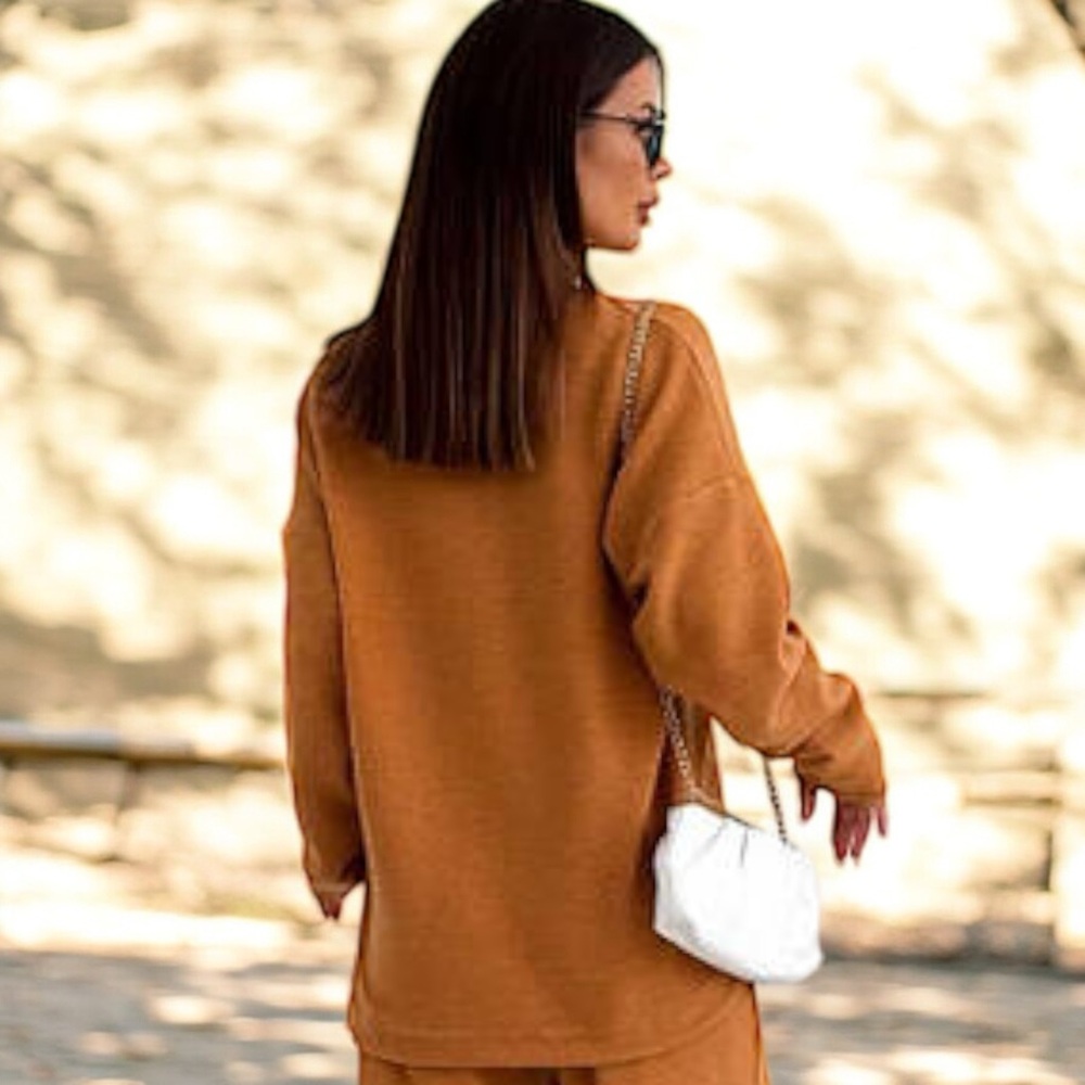 Lola Grace Burnt Orange Funnel Neck Drop Shoulder Fleece - Picture 3 of 16